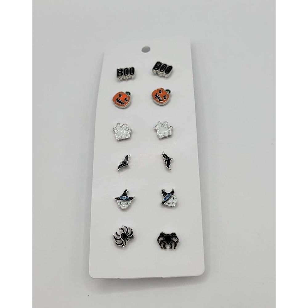 Lot Of 6 Pairs Of Halloween Theme Stud Earrings Boo Spider Pumpkin Ghost Bat